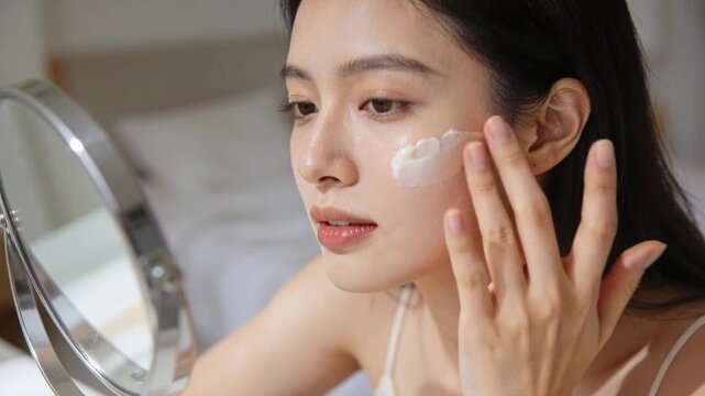 Noticing cream strip, Asian woman spreading it on right cheek at vanity, with mirror and camisole
