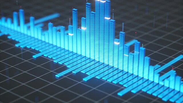 Playback pulsing glowing blue bars shifting on dark grid plane, showing white sweeps, red peaks