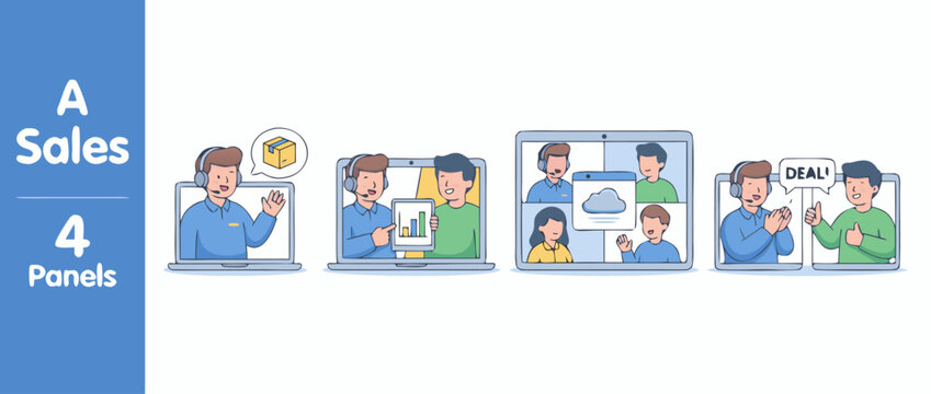 Set of four professional vector illustrations showing a friendly sales representative on a video call demoing a product to a client, perfect for business marketing, tech support, and remote work.