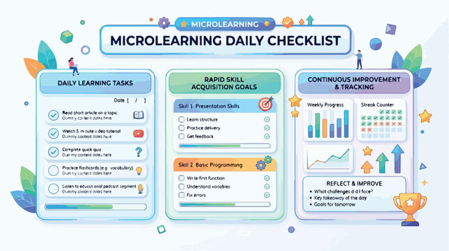 Microlearning daily checklist infographic for educational planning and personal development.