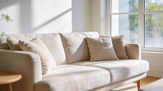 Pushing camera framing beige sofa in sunlit corner with side table plant, revealing cushion details