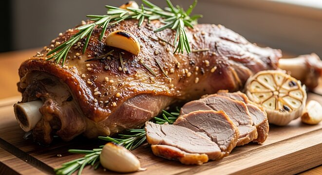 Roasted lamb leg with fresh rosemary herbs and garlic cloves served on a wooden cutting board table