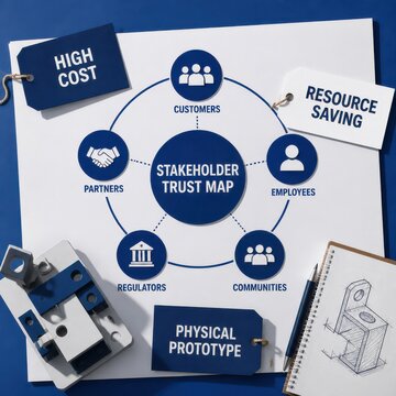 Stakeholder trust map for business planning with paper notes and prototype sketch