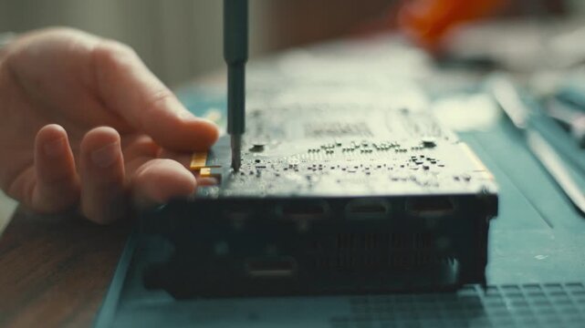 Technician repairing computer graphics card hardware