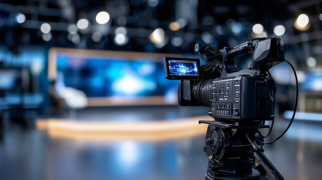 Professional television studio with broadcast camera filming news program, modern media production set with presenter desk, studio lights, live news background, journalism, broadca