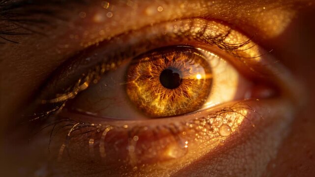 Reacting to warm light, single eye adjusting pupil and forming tears in closeup, iris reflection