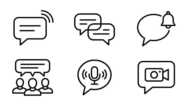 A set of six simple line icons representing various communication methods