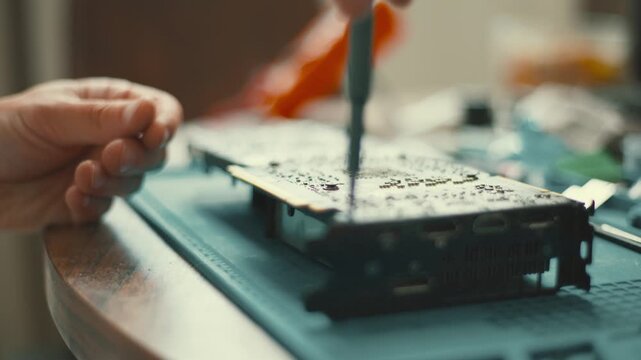 Technician repairing computer video graphics card