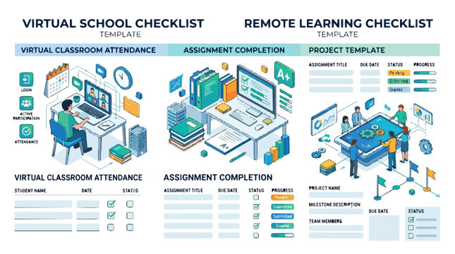 Virtual school and remote learning checklist templates for students.