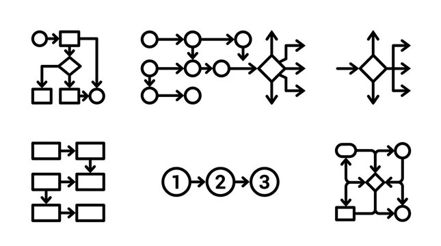 An array of six distinct flowchart diagrams, each composed of various geometric shapes interconnected by directional arrows, illustrating potential decision-making processes or logical sequences