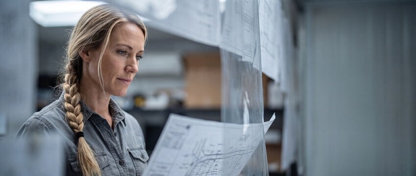 Female engineer reviewing architectural blueprints in industrial workshop office. Professional woman architect analyzing technical schemas, project blueprints, planning construction, and design layout