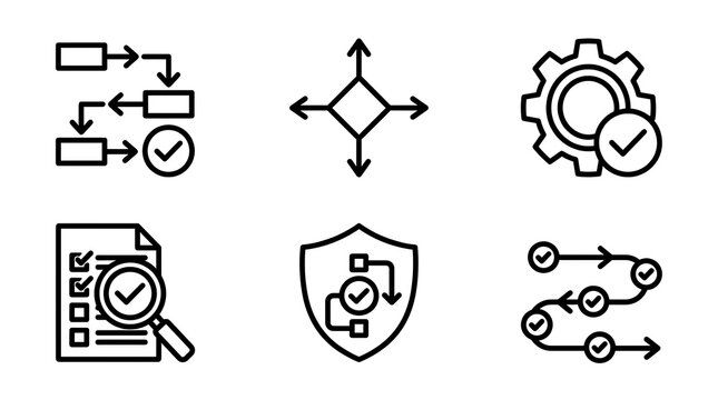 Black-and-white icons for risk management. May include references to legal and security matters because of the check marks and arrows showing the flow of procedures