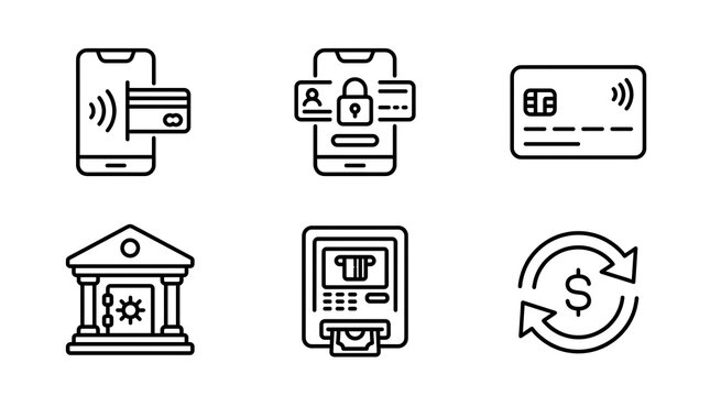Black line icons of mobile payments, digital security, credit card usage, banking building, ATM, and money circulation