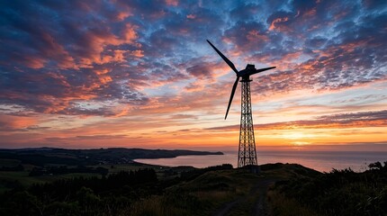 Obraz premium Silhouette wind turbine against dramatic sunset sky over ocean landscape