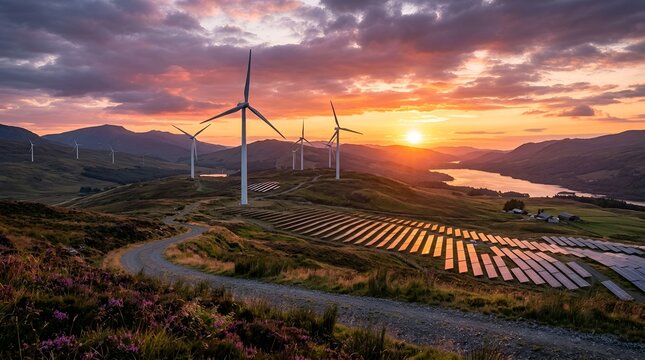 Scenic sunset over wind turbines and solar panels on rolling hills with lake