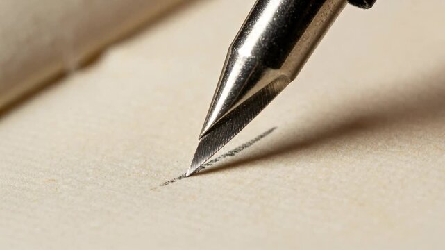 Contacting paper, metal pen nib making fine granular ink line on cream textured paper for drawing