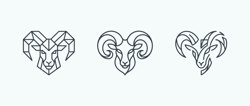 Three geometric and stylized ram head logos in black line art on white background