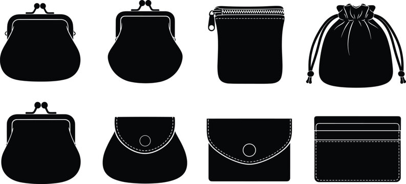 Coin purses, zipper pouch, drawstring bag, snap wallet and card holder silhouettes, vector illustration