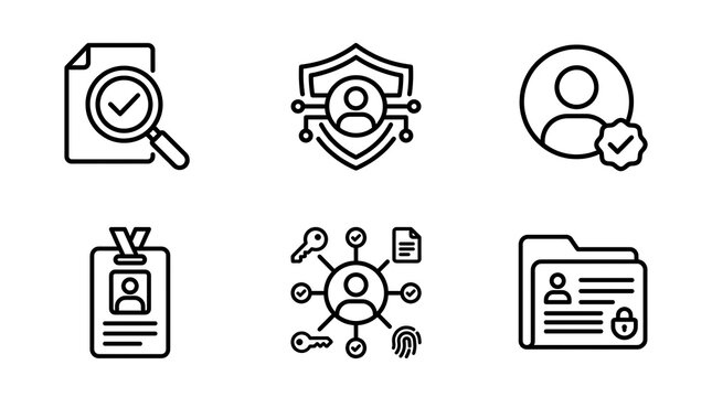 Grayscale vector set of security and identification symbols including document review, shield emblem, user profile, access badge, network connection, and secured file