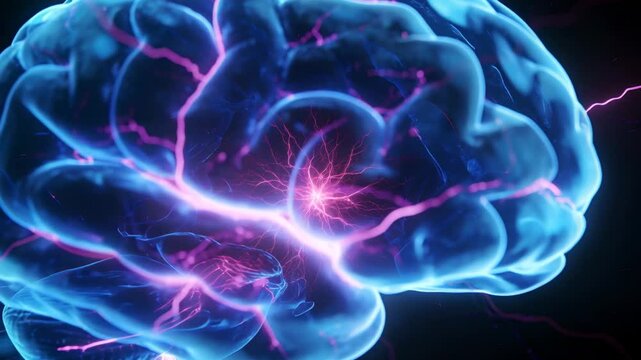 Appearing translucent blue 3D brain emitting pink arcs across void, cerebellum glowing for study