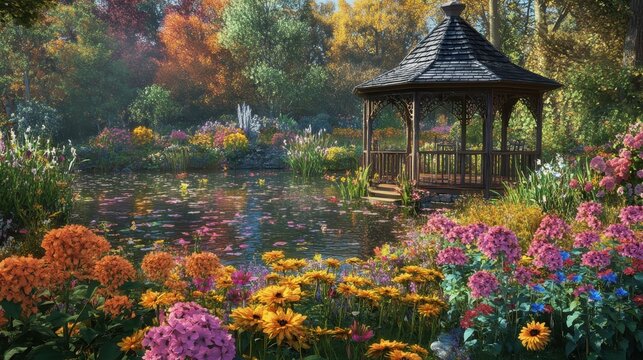 A charming wooden gazebo beside a serene lake surrounded by vibrant blooming flowers and lush autumn foliage