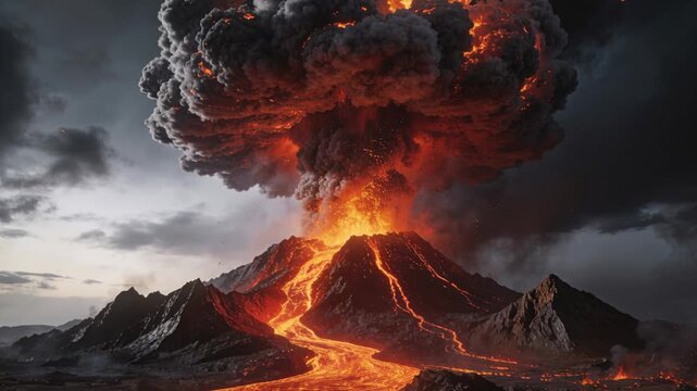 Rising magma erupting volcano sending lava down flanks across burnt plain blasting ash plume