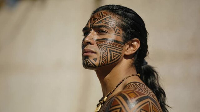 Filming shirtless tattooed man with beaded necklace raising chin turning to pale wall, copy space
