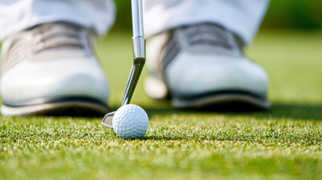 Close-up of a golf ball on grass with a putter and player's shoes in the background, focusing on a golf shot setup.