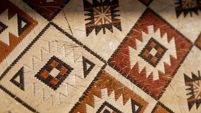 Shifting camera showing woven diamond rug in studio, stitch hairs specks diagonal shadow for detail
