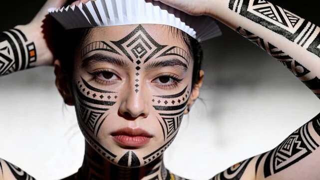 Raising female model adjusting white pleated headpiece in studio for shoot showing geometric paint