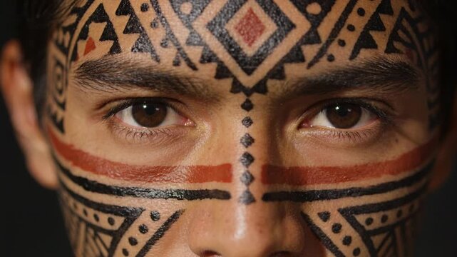 Camera holding center, male model holding gaze in studio, presenting black-red geometric paint