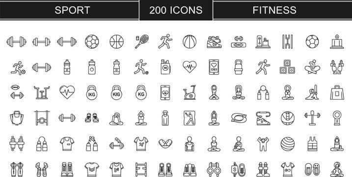 Collection of 200 sport and fitness vector icons including gym equipment, workout activities, healthy lifestyle, yoga, training, and exercise
