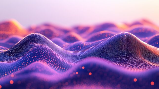 Abstract digital data wave patterns with glowing particles in purple and orange tones, representing technological advancement and science
