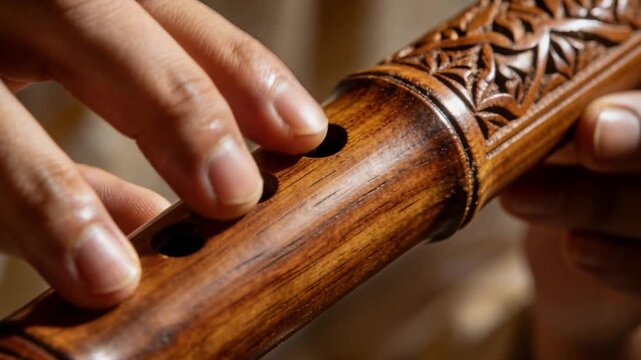 Placing fingertips then fingering musician's hands practicing scale on carved wooden flute at home