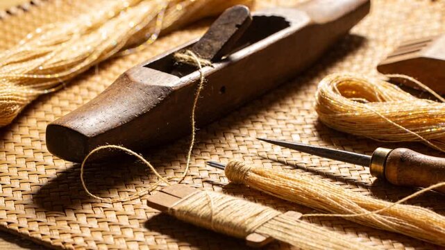 Tightening cam framing showing warm sheen on plane, awl, bobbin, gold twine on mat accenting grain
