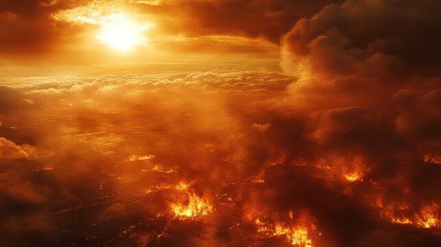 Aerial View of Devastating Wildfire Spreading Across Rural Farmland Under Harsh Sunlight