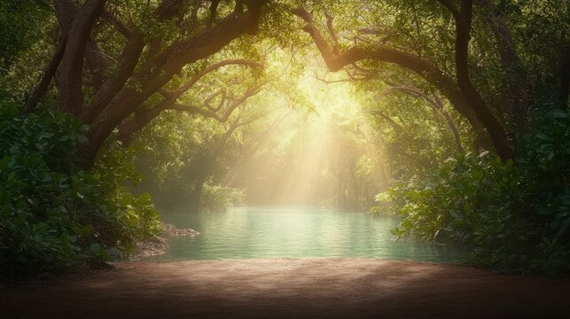 A serene forest lake bathed in golden sunlight creating a tranquil natural vista with lush green trees and water reflections