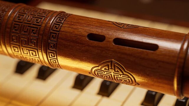 Sliding camera revealing wooden transverse flute on piano keyboard, showing carved motifs