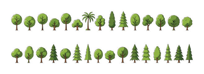 Collection of cartoon green trees, flat vector set of various deciduous and coniferous tree illustrations for nature, forest, and landscape design © allustra
