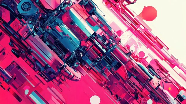Abstract industrial technology with vibrant colors and geometric patterns representing futuristic assembly lines