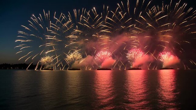 Timed barges launching golden fountains and shells over water, forming smoky wall for finale