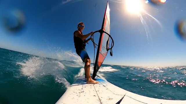 Active man windsurfing on a sun-drenched ocean, catching a wave with exhilarating speed and freedom