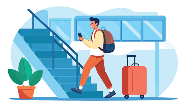 Young man with backpack and luggage.