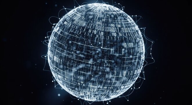 Abstract digital globe illustration with binary code and network connections