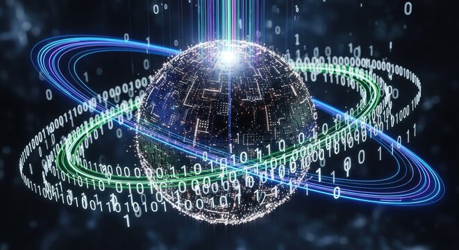 Abstract digital globe with binary code and orbital rings on dark backdrop