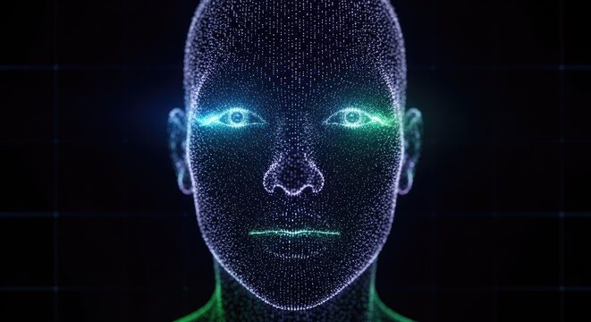 Abstract digital human face with glowing eyes on black background
