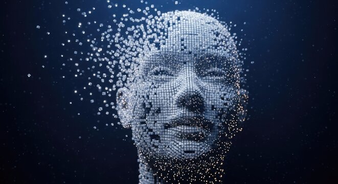 Abstract digital human head formation with particle effects on dark background