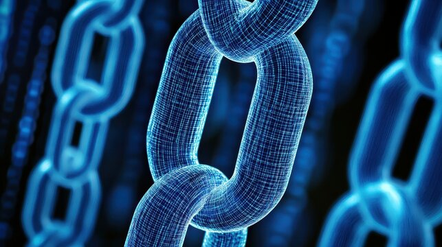 Abstract interconnected digital blockchain links glowing in deep blue, representing secure data network technology.