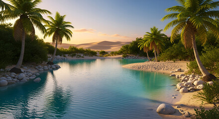 Fototapeta premium Tropical Oasis Serenity: Turquoise Water, Palm Trees, Sand Dunes at Sunset