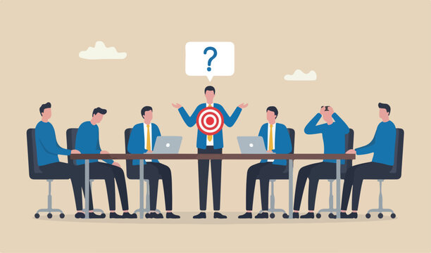 Awkward moment, embarrassment conversation, nervou work, moment concept, awkward confused red big bullseye too target shrug businessman team meeting helpless speech bubble
